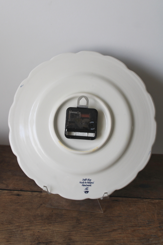 photo of vintage Delft blue and white hand painted pottery wall clock, decorative plate w/ battery clock #4