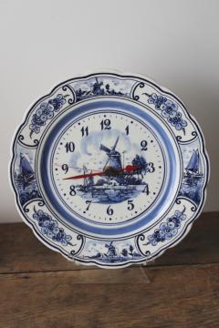 catalog photo of vintage Delft blue and white hand painted pottery wall clock, decorative plate w/ battery clock 
