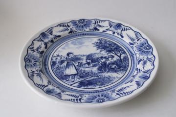 catalog photo of vintage Delft blue & white pottery plate, summer harvest hay making scene