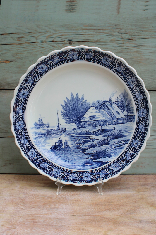 photo of vintage Delft pottery wall plate hand painted scene blue & white, crown w/ lion mark #1