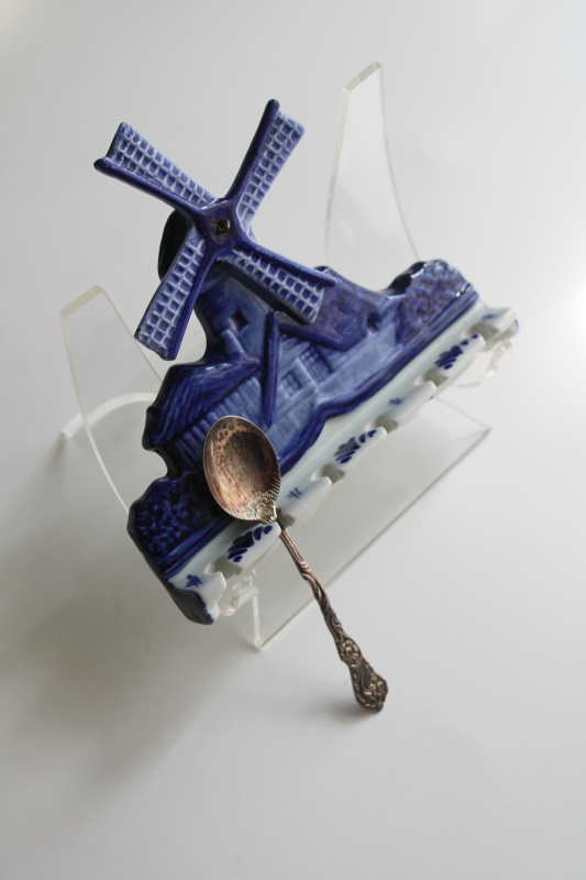 photo of vintage Delft pottery, wall rack spoon holder blue and white windmill  #1