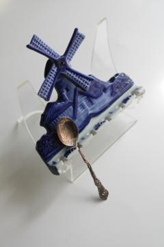 catalog photo of vintage Delft pottery, wall rack spoon holder blue and white windmill 