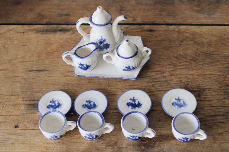 photo of vintage Delft style blue & white china, miniature tea set doll dishes  #2