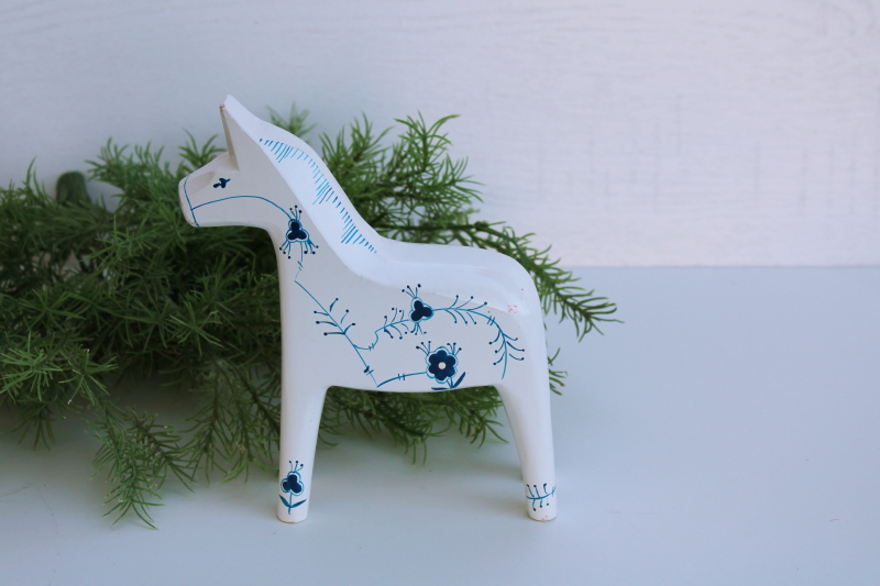 photo of vintage Denmark carved wood Dala horse hand painted blue & white classic Danish Royal Copenhagen pattern #1