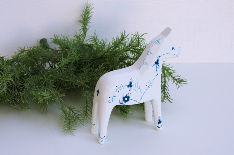 photo of vintage Denmark carved wood Dala horse hand painted blue & white classic Danish Royal Copenhagen pattern #3