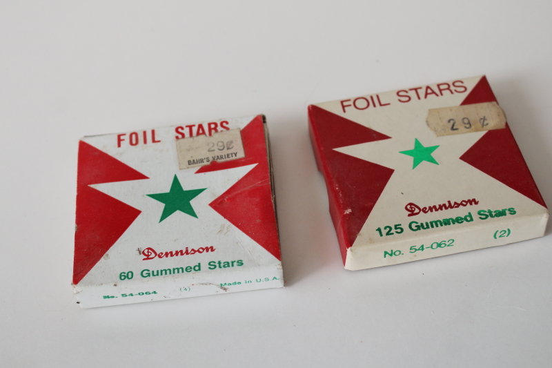photo of vintage Dennison gummed foil paper stars in original boxes, green metallic star stickers large & small  #1