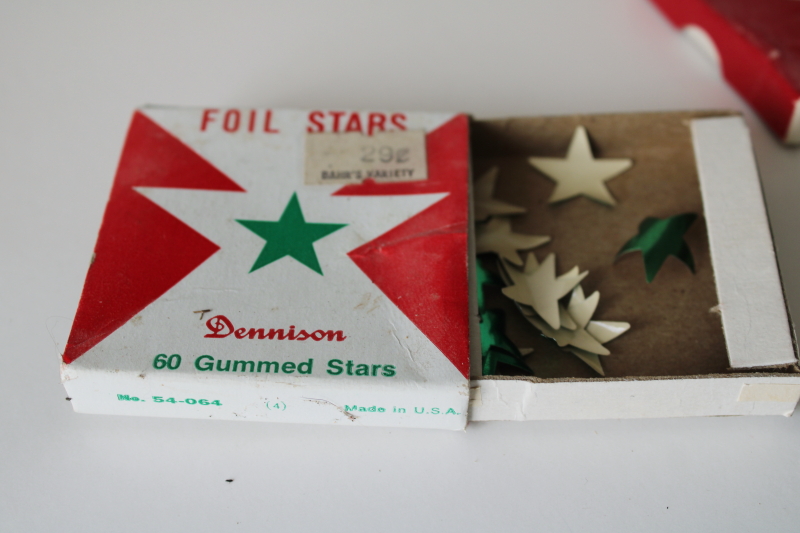 photo of vintage Dennison gummed foil paper stars in original boxes, green metallic star stickers large & small  #2