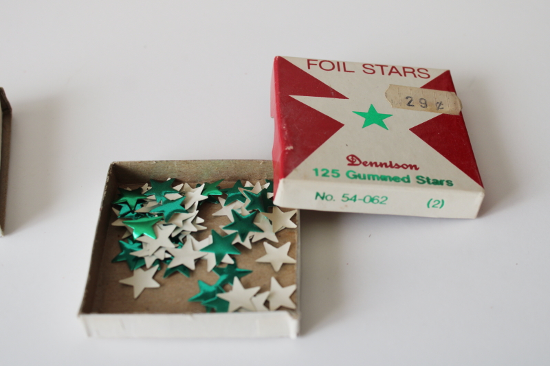 photo of vintage Dennison gummed foil paper stars in original boxes, green metallic star stickers large & small  #3