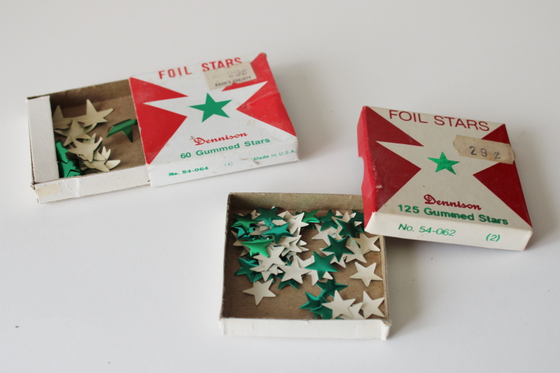 photo of vintage Dennison gummed foil paper stars in original boxes, green metallic star stickers large & small  #4