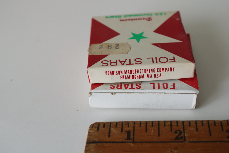 photo of vintage Dennison gummed foil paper stars in original boxes, green metallic star stickers large & small  #5