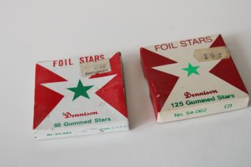 catalog photo of vintage Dennison gummed foil paper stars in original boxes, green metallic star stickers large & small 