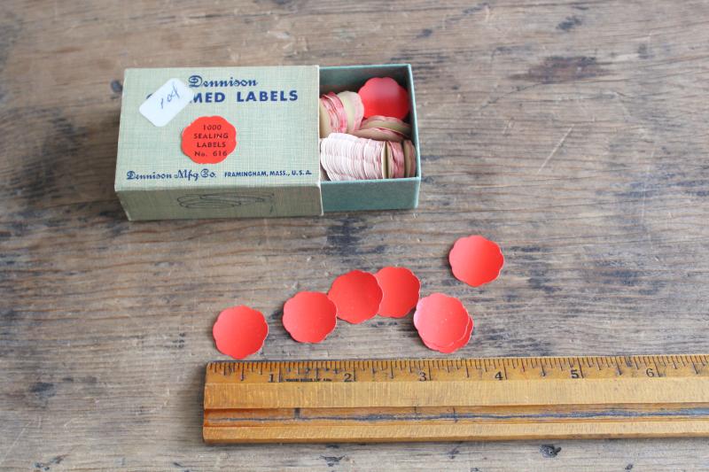 photo of vintage Dennison gummed labels, scalloped round red paper seals in original box #1