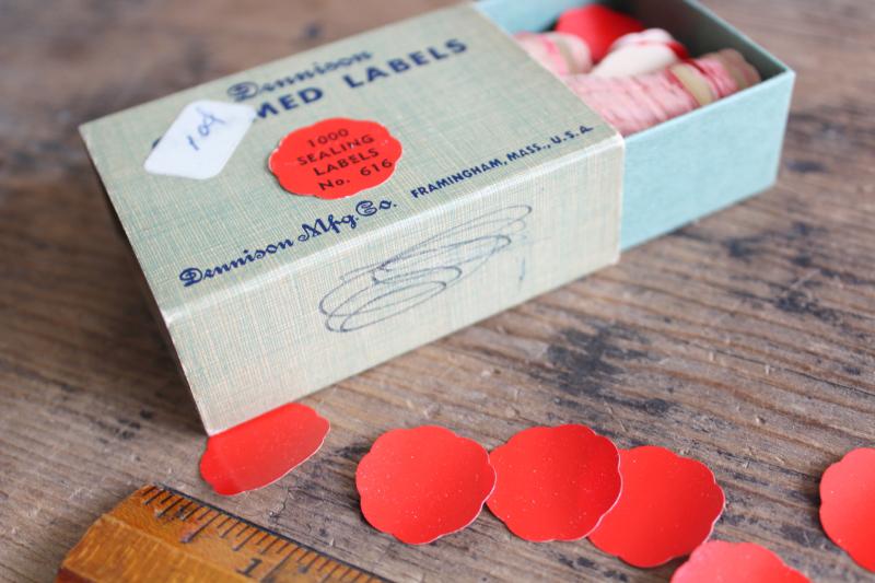 photo of vintage Dennison gummed labels, scalloped round red paper seals in original box #2