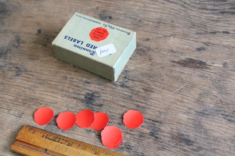 photo of vintage Dennison gummed labels, scalloped round red paper seals in original box #3