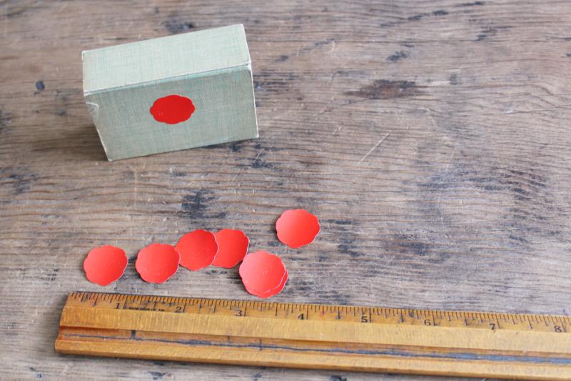 photo of vintage Dennison gummed labels, scalloped round red paper seals in original box #4