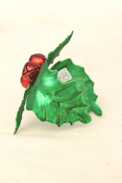 photo of vintage Dept 56 Christmas holly & jingle bells napkin holder rings, red & green metal #3