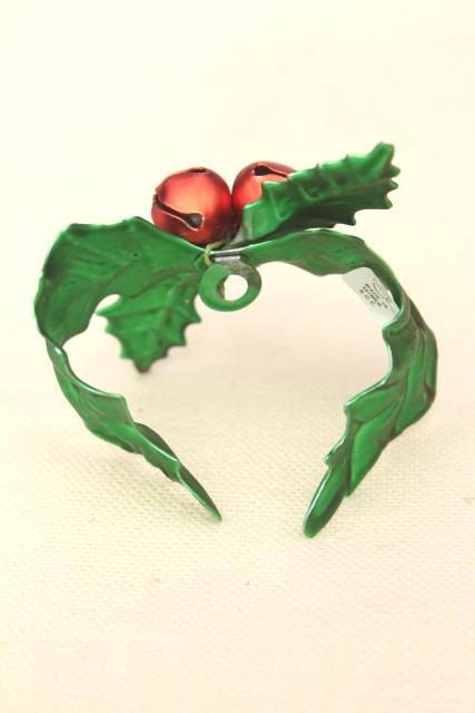 photo of vintage Dept 56 Christmas holly & jingle bells napkin holder rings, red & green metal #4