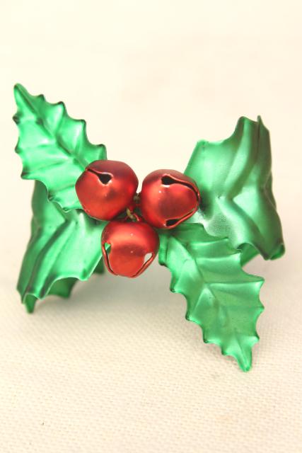 photo of vintage Dept 56 Christmas holly & jingle bells napkin holder rings, red & green metal #5