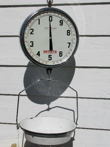 photo of vintage Detecto hanging produce or fruit scale w/enamel tray from farm stand #1