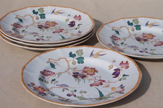 photo of vintage Devon Rose Wedgwood china dinner plates, flowers w/ bird & bamboo #1