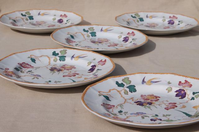 photo of vintage Devon Rose Wedgwood china dinner plates, flowers w/ bird & bamboo #2