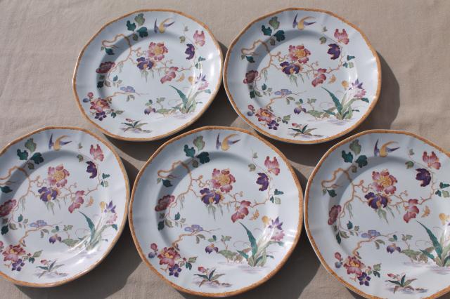 photo of vintage Devon Rose Wedgwood china dinner plates, flowers w/ bird & bamboo #3