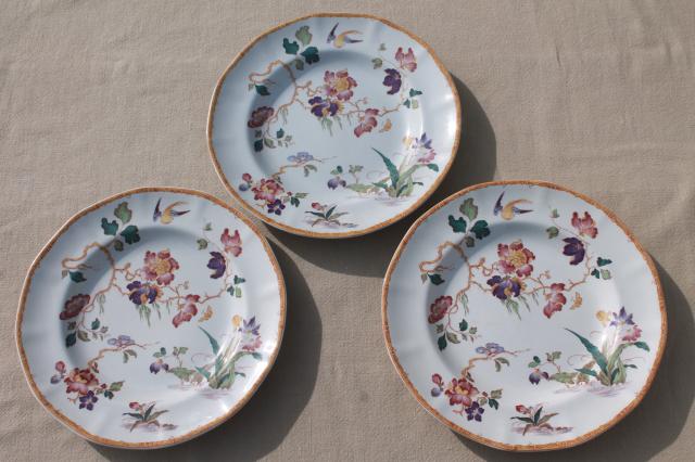 photo of vintage Devon Rose Wedgwood china salad plates, flowers w/ bird & bamboo #2