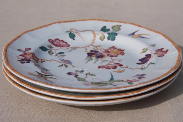 photo of vintage Devon Rose Wedgwood china salad plates, flowers w/ bird & bamboo #6