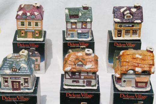 photo of vintage Dickens Village candle holders set, Christmas village ceramic houses & shops #1