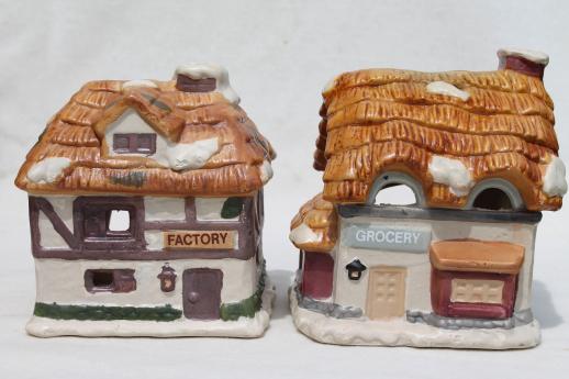 photo of vintage Dickens Village candle holders set, Christmas village ceramic houses & shops #3