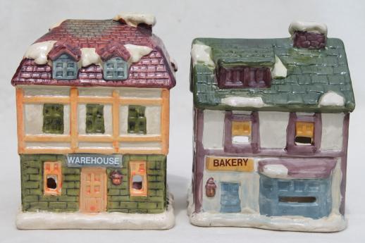 photo of vintage Dickens Village candle holders set, Christmas village ceramic houses & shops #5