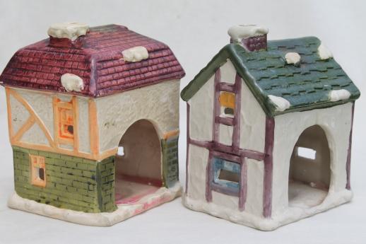 photo of vintage Dickens Village candle holders set, Christmas village ceramic houses & shops #6