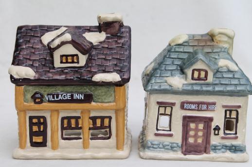 photo of vintage Dickens Village candle holders set, Christmas village ceramic houses & shops #7