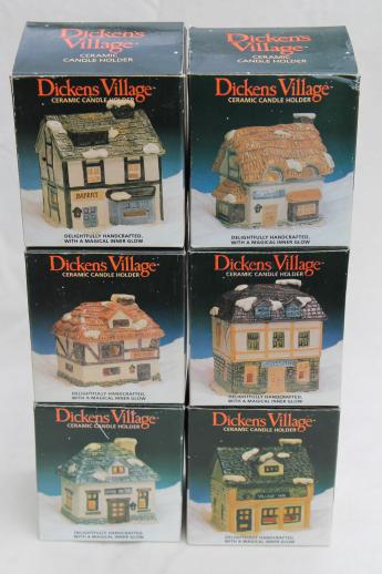 photo of vintage Dickens Village candle holders set, Christmas village ceramic houses & shops #10