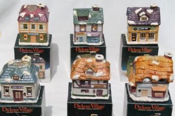 catalog photo of vintage Dickens Village candle holders set, Christmas village ceramic houses & shops