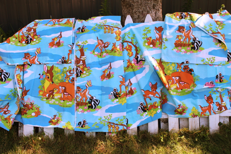 photo of vintage Disney Bambi print poly cotton bed sheet fabric remnants unused material #1