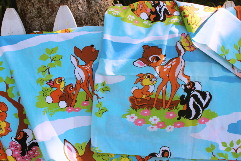 photo of vintage Disney Bambi print poly cotton bed sheet fabric remnants unused material #2