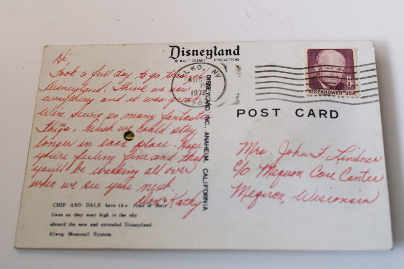 photo of vintage Disneyland souvenir postcard Chip & Dale Disney monorail, working squeaker post card  #2