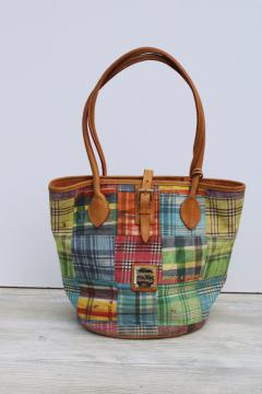 catalog photo of vintage Dooney Bourke madras ants print cotton leather trim bucket bag, summer purse fun patchwork