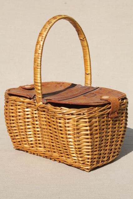 photo of vintage Dorothy / Toto style wicker picnic basket or lunchbox w/ hinged leather cover #1