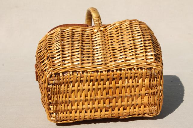 photo of vintage Dorothy / Toto style wicker picnic basket or lunchbox w/ hinged leather cover #2