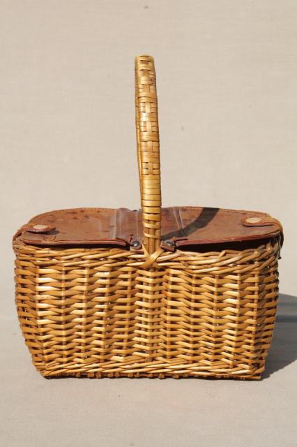 photo of vintage Dorothy / Toto style wicker picnic basket or lunchbox w/ hinged leather cover #4