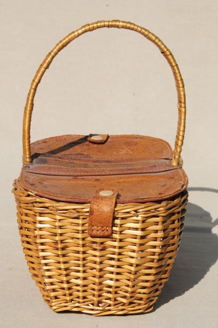 photo of vintage Dorothy / Toto style wicker picnic basket or lunchbox w/ hinged leather cover #5