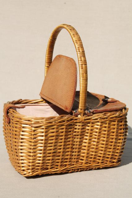 photo of vintage Dorothy / Toto style wicker picnic basket or lunchbox w/ hinged leather cover #6