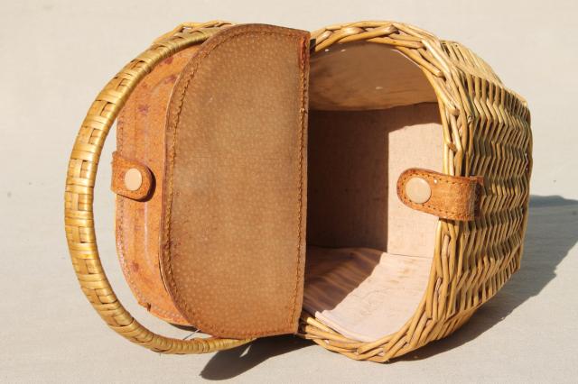 photo of vintage Dorothy / Toto style wicker picnic basket or lunchbox w/ hinged leather cover #7