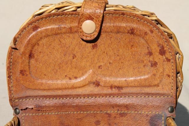 photo of vintage Dorothy / Toto style wicker picnic basket or lunchbox w/ hinged leather cover #9