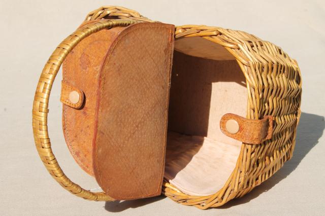 photo of vintage Dorothy / Toto style wicker picnic basket or lunchbox w/ hinged leather cover #11