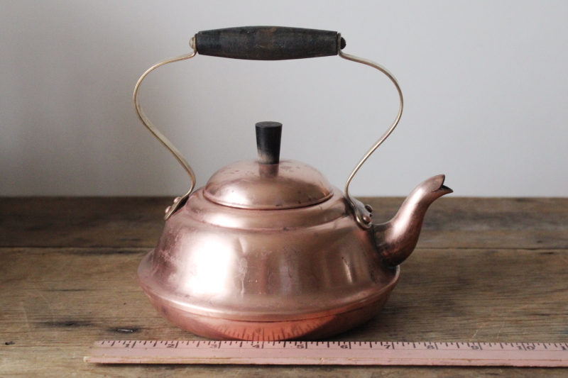 photo of vintage Douro Portugal copper tea kettle, worn old copper teapot w/ brass & wood handle  #2