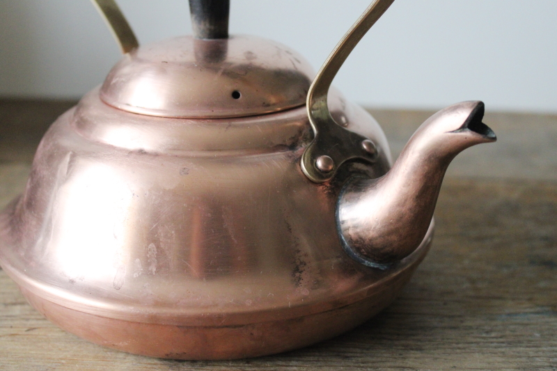 photo of vintage Douro Portugal copper tea kettle, worn old copper teapot w/ brass & wood handle  #4