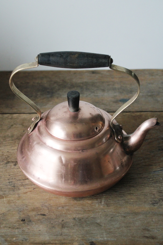 photo of vintage Douro Portugal copper tea kettle, worn old copper teapot w/ brass & wood handle  #5